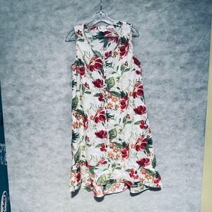 J Jill Love Linen White‎ Red Floral Button Front Sleeveless Dress